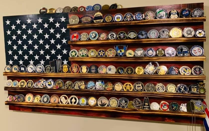 American Wooden Flag (Handcrafted) w/military coin racks