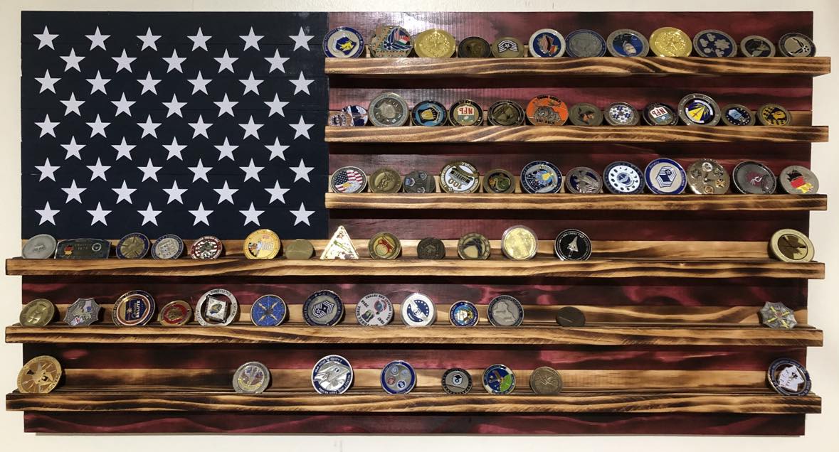 American Wooden Flag (Handcrafted) w/military coin racks