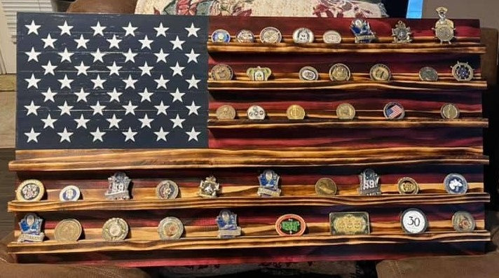 American Wooden Flag (Handcrafted) w/military coin racks