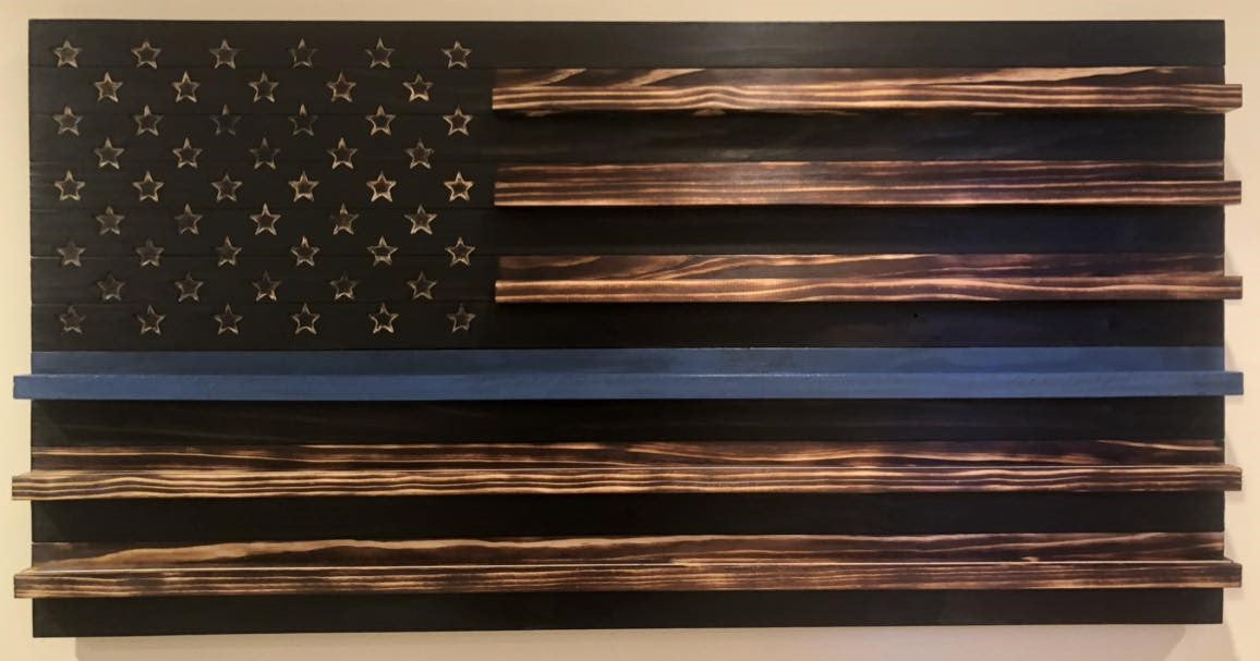 American Wooden Blue Line Flag (Handcrafted) w/military coin racks